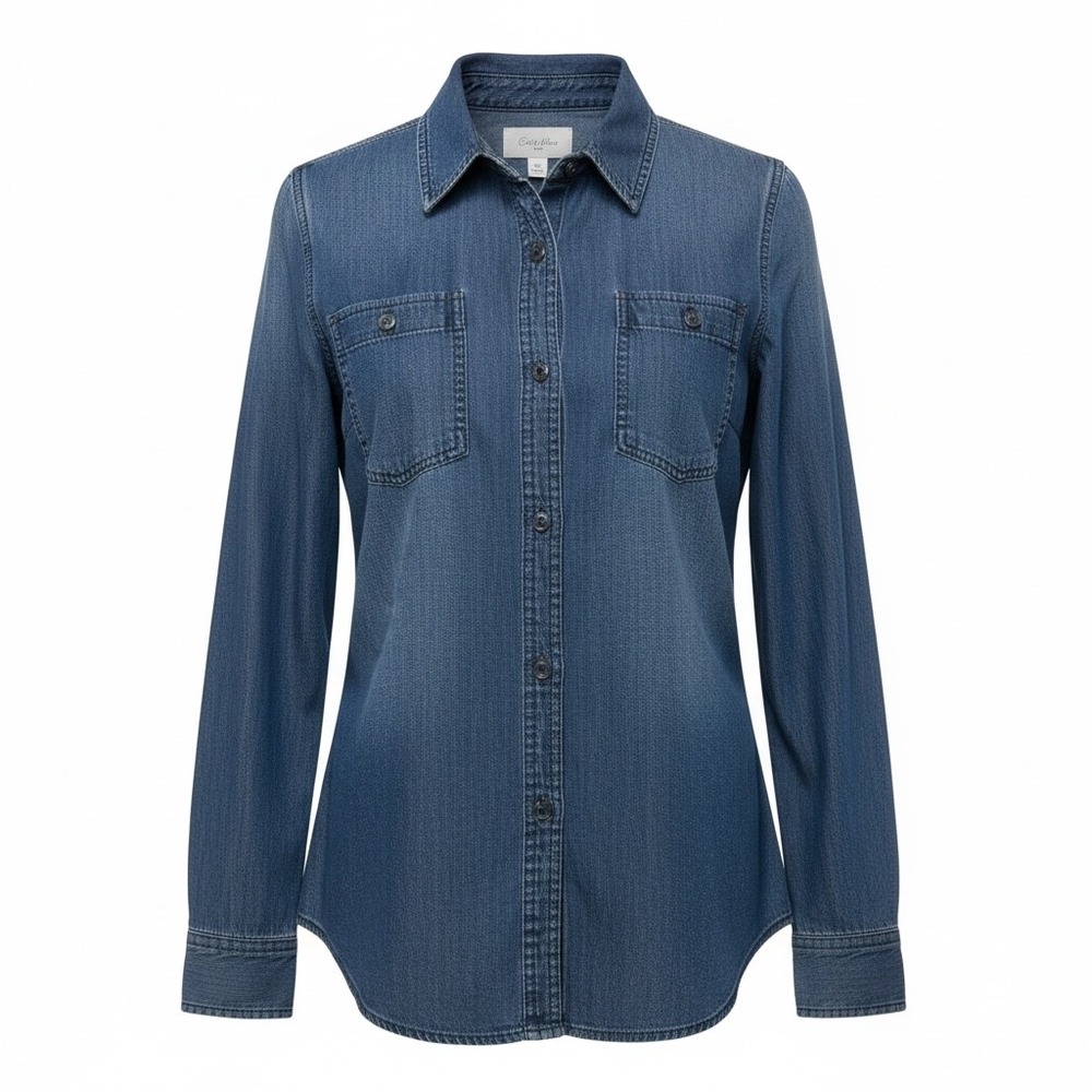 LL Bean Signature women 14 Denim Shirt Blue Chambray Button Down Long Sleeve